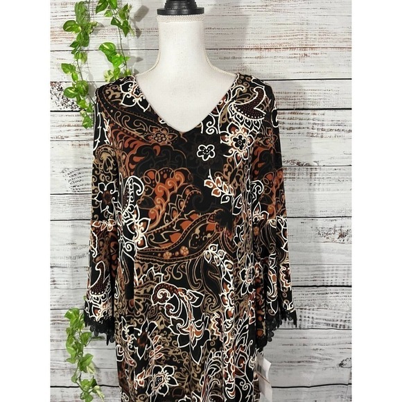 Nina Leonard Tunic Dress sz Small Black Brown Paisley Lace Boho Wedding Dinner - Picture 2 of 13